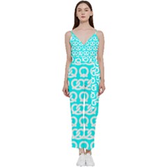 Aqua Pretzel Illustrations Pattern V-neck Spaghetti Strap Tie Front Jumpsuit by GardenOfOphir