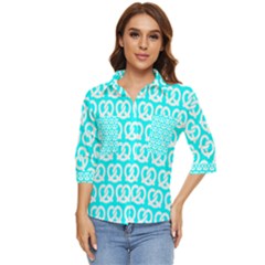 Aqua Pretzel Illustrations Pattern Women s Quarter Sleeve Pocket Shirt