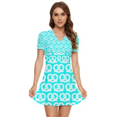 Aqua Pretzel Illustrations Pattern V-neck High Waist Chiffon Mini Dress by GardenOfOphir