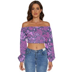 Background Pattern Flower Texture Long Sleeve Crinkled Weave Crop Top