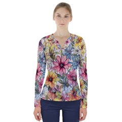 Flower Nature Floral Spring V-neck Long Sleeve Top by Semog4