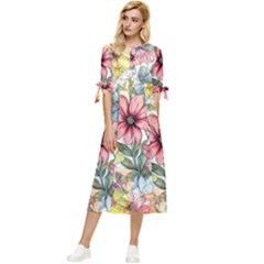 Flower Nature Floral Spring Bow Sleeve Chiffon Midi Dress by Semog4