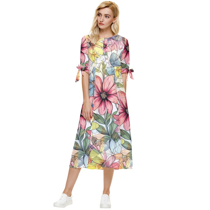 Flower Nature Floral Spring Bow Sleeve Chiffon Midi Dress