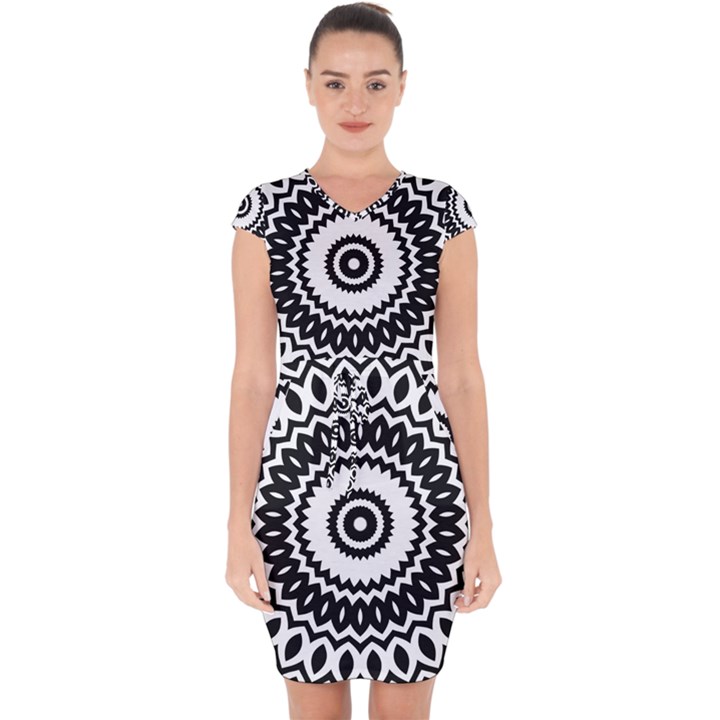 Circular Concentric Radial Symmetry Abstract Capsleeve Drawstring Dress 