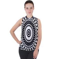 Circular Concentric Radial Symmetry Abstract Mock Neck Chiffon Sleeveless Top by Jancukart