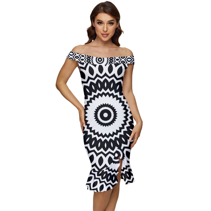 Circular Concentric Radial Symmetry Abstract Off Shoulder Ruffle Split Hem Bodycon Dress