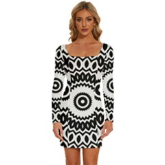 Circular Concentric Radial Symmetry Abstract Long Sleeve Square Neck Bodycon Velvet Dress