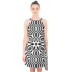 Pattern Wave Symmetry Monochrome Abstract Halter Collar Waist Tie Chiffon Dress