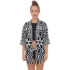 Pattern Wave Symmetry Monochrome Abstract Open Front Chiffon Kimono