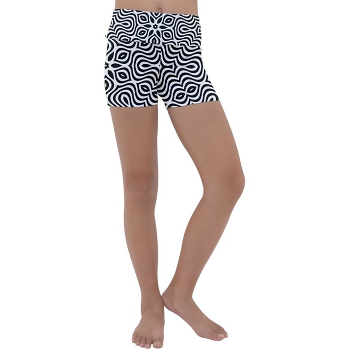 Pattern Wave Symmetry Monochrome Abstract Kids  Lightweight Velour Yoga Shorts