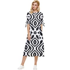 Pattern Wave Symmetry Monochrome Abstract Bow Sleeve Chiffon Midi Dress