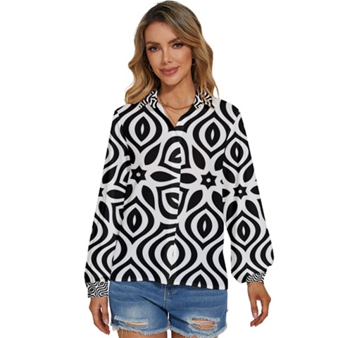 Pattern Wave Symmetry Monochrome Abstract Women s Long Sleeve Button Down Shirt by Jancukart