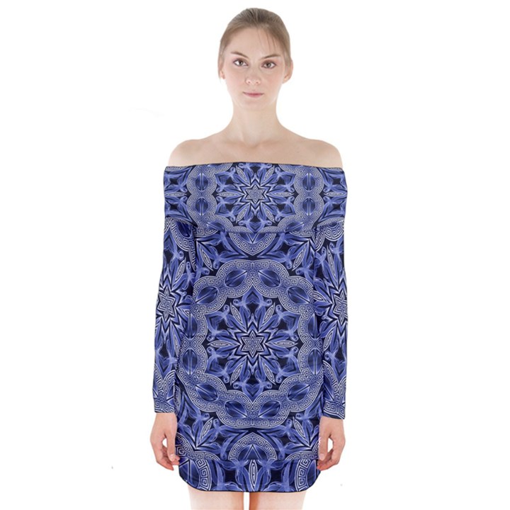 Mandala Pattern Rosette Kaleidoscope Abstract Long Sleeve Off Shoulder Dress