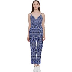 Mandala Pattern Rosette Kaleidoscope Abstract V-neck Spaghetti Strap Tie Front Jumpsuit