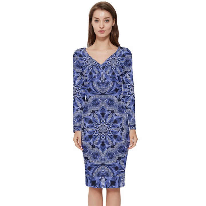 Mandala Pattern Rosette Kaleidoscope Abstract Long Sleeve V-Neck Bodycon Dress 