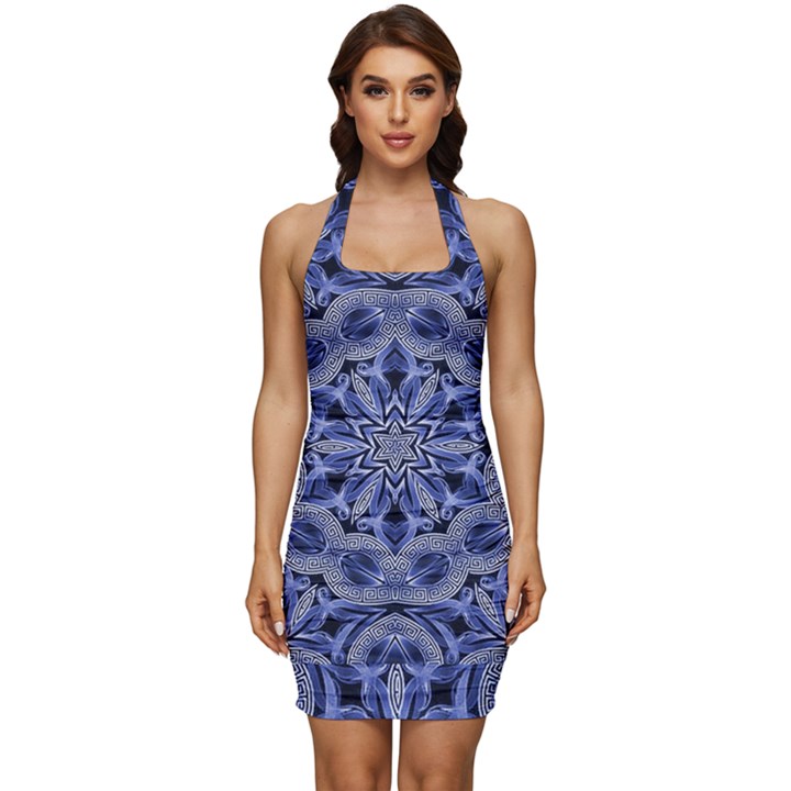 Mandala Pattern Rosette Kaleidoscope Abstract Sleeveless Wide Square Neckline Ruched Bodycon Dress