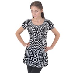 Monochrome Symmetry Abstract Puff Sleeve Tunic Top