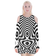 Monochrome Symmetry Abstract Velvet Long Sleeve Shoulder Cutout Dress