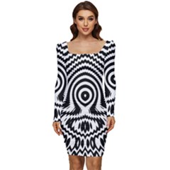 Monochrome Symmetry Abstract Women Long Sleeve Ruched Stretch Jersey Dress