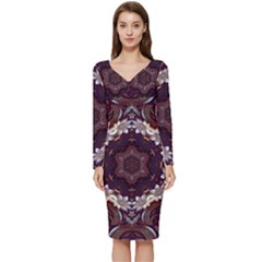 Rosette Kaleidoscope Mosaic Abstract Background Long Sleeve V-neck Bodycon Dress 