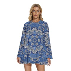 Mandala Rosette Kaleidoscope Abstract Background Round Neck Long Sleeve Bohemian Style Chiffon Mini Dress