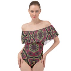 Mandala Rosette Pattern Kaleidoscope Abstract Off Shoulder Velour Bodysuit 