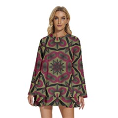 Mandala Rosette Pattern Kaleidoscope Abstract Round Neck Long Sleeve Bohemian Style Chiffon Mini Dress