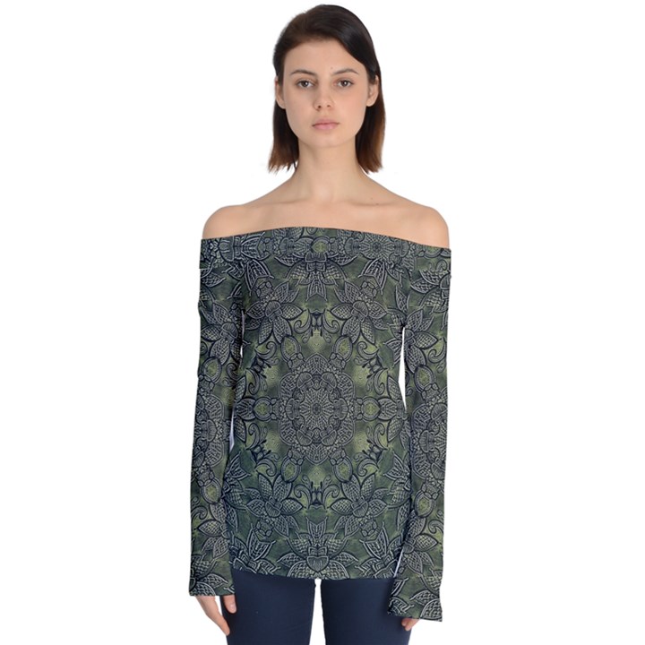 Mandala Rosette Kaleidoscope Floral Background Off Shoulder Long Sleeve Top