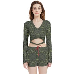 Mandala Rosette Kaleidoscope Floral Background Velvet Wrap Crop Top And Shorts Set