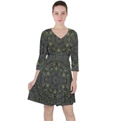 Mandala Rosette Kaleidoscope Floral Background Quarter Sleeve Ruffle Waist Dress