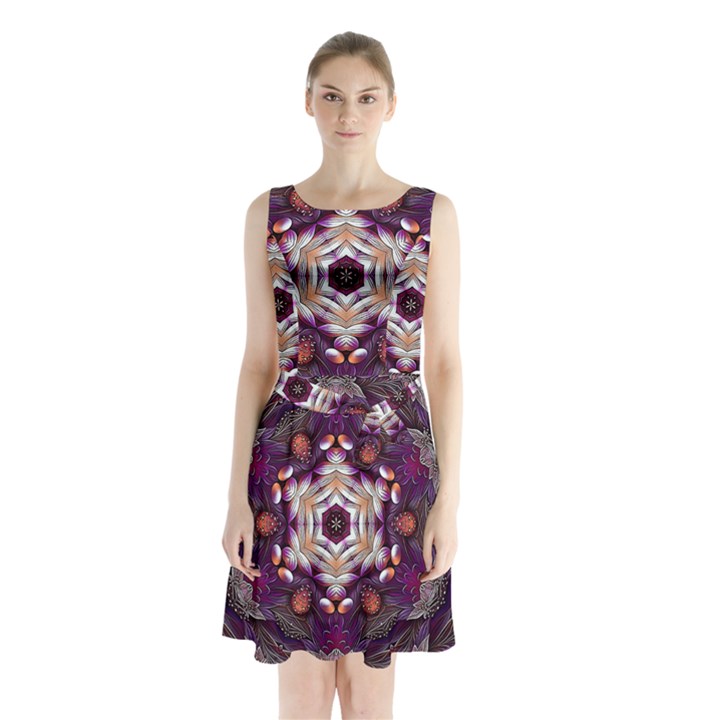 Rosette Kaleidoscope Mosaic Abstract Background Art Sleeveless Waist Tie Chiffon Dress