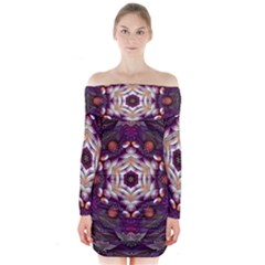 Rosette Kaleidoscope Mosaic Abstract Background Art Long Sleeve Off Shoulder Dress by Jancukart