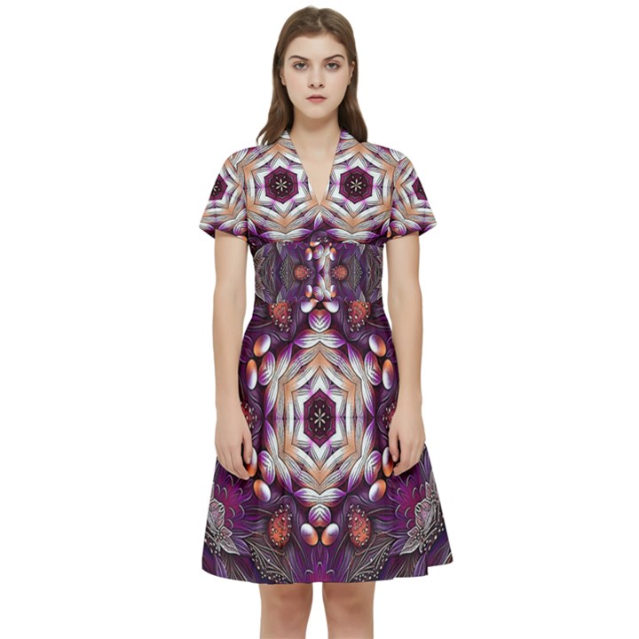 Rosette Kaleidoscope Mosaic Abstract Background Art Short Sleeve Waist Detail Dress