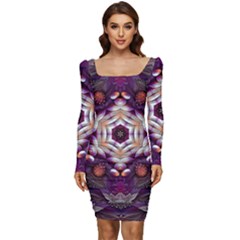 Rosette Kaleidoscope Mosaic Abstract Background Art Women Long Sleeve Ruched Stretch Jersey Dress