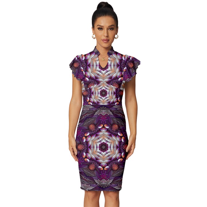 Rosette Kaleidoscope Mosaic Abstract Background Art Vintage Frill Sleeve V-Neck Bodycon Dress