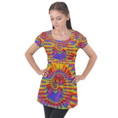 Colorful Spiral Abstract Swirl Twirl Art Pattern Puff Sleeve Tunic Top