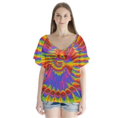 Colorful Spiral Abstract Swirl Twirl Art Pattern V-neck Flutter Sleeve Top