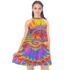 Colorful Spiral Abstract Swirl Twirl Art Pattern Halter Neckline Chiffon Dress 