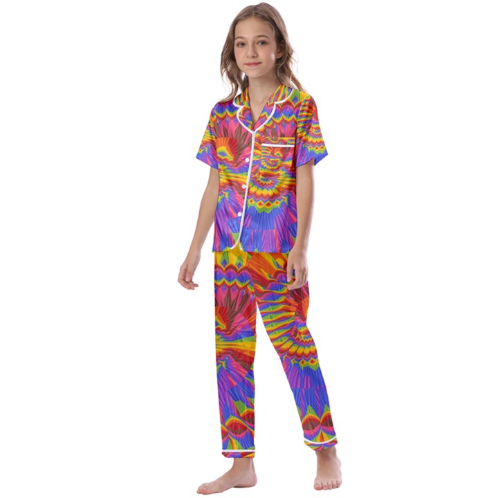 Colorful Spiral Abstract Swirl Twirl Art Pattern Kids  Satin Short Sleeve Pajamas Set