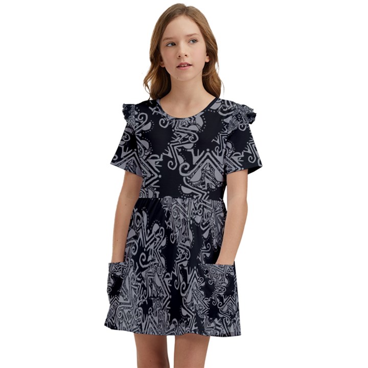 Modern Tribalism Elegance Print Kids  Frilly Sleeves Pocket Dress