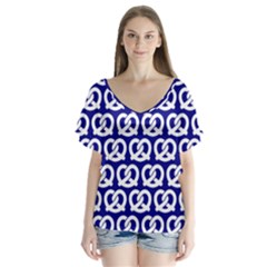 Navy Pretzel Illustrations Pattern V-neck Flutter Sleeve Top by GardenOfOphir