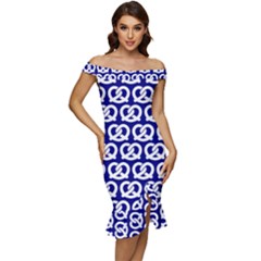 Navy Pretzel Illustrations Pattern Off Shoulder Ruffle Split Hem Bodycon Dress by GardenOfOphir