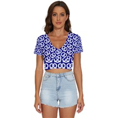 Navy Pretzel Illustrations Pattern V-neck Crop Top by GardenOfOphir