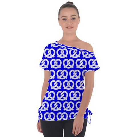 Blue Pretzel Illustrations Pattern Off Shoulder Tie-up Tee by GardenOfOphir