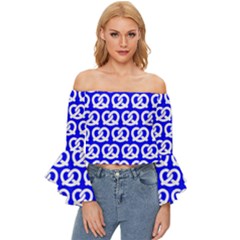 Blue Pretzel Illustrations Pattern Off Shoulder Flutter Bell Sleeve Top by GardenOfOphir