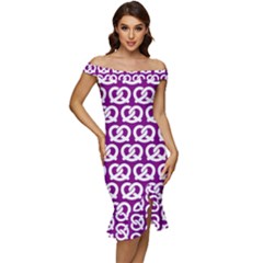 Purple Pretzel Illustrations Pattern Off Shoulder Ruffle Split Hem Bodycon Dress by GardenOfOphir