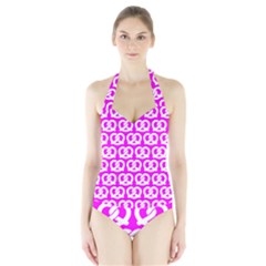 Pink Pretzel Illustrations Pattern Halter Swimsuit by GardenOfOphir