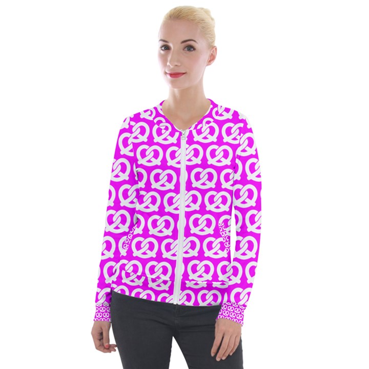 Pink Pretzel Illustrations Pattern Velvet Zip Up Jacket