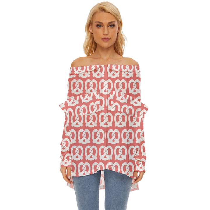 Chic Pretzel Illustrations Pattern Off Shoulder Chiffon Pocket Shirt