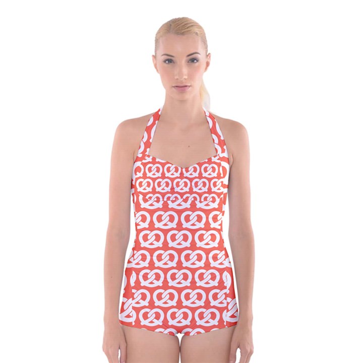 Coral Pretzel Illustrations Pattern Boyleg Halter Swimsuit 